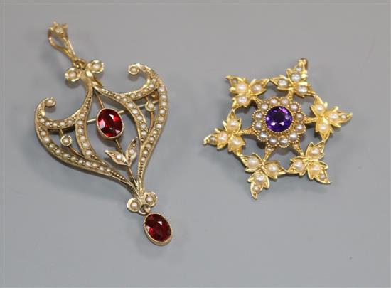 An Edwardian 9ct gold drop pendant brooch and a yellow metal and gem set openwork flower head pendant brooch.